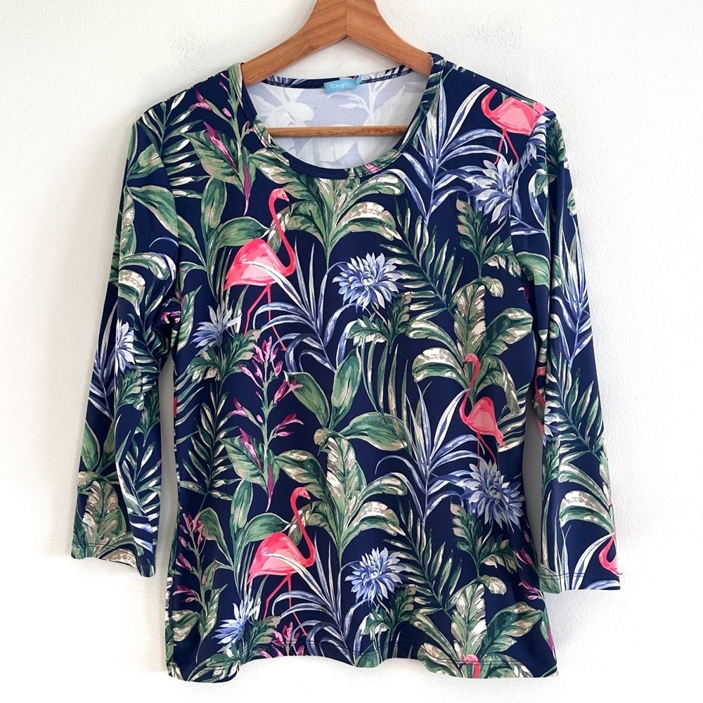 J. McLaughlin Catalina cloth tropical Floral Flamingo Print Women's Top large